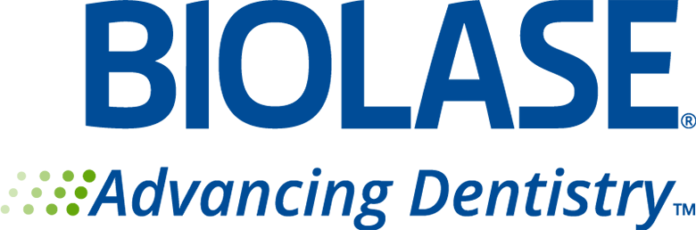 Biolase Advancing Dentistry logo with bold blue text and green dotted accent pattern, representing advanced dental laser technology.